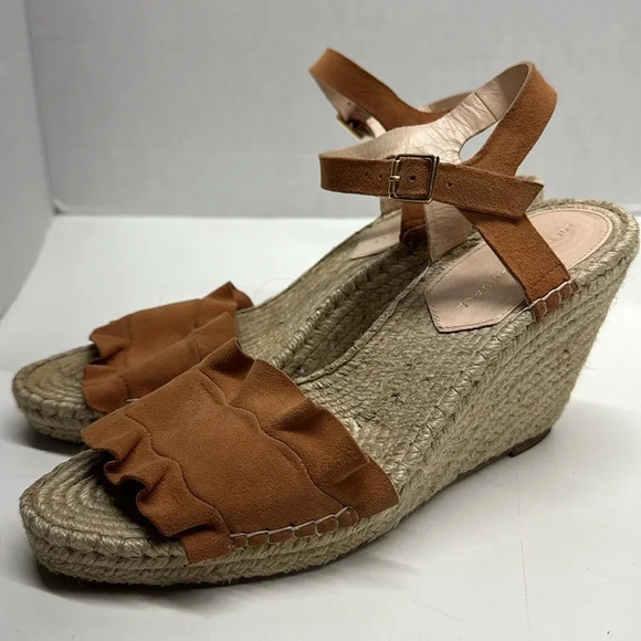 Loeffler Randall Gabby Ruffled Suede Espadrille Wedges Heels Brown Tan Size 9 B - Picture 2 of 8
